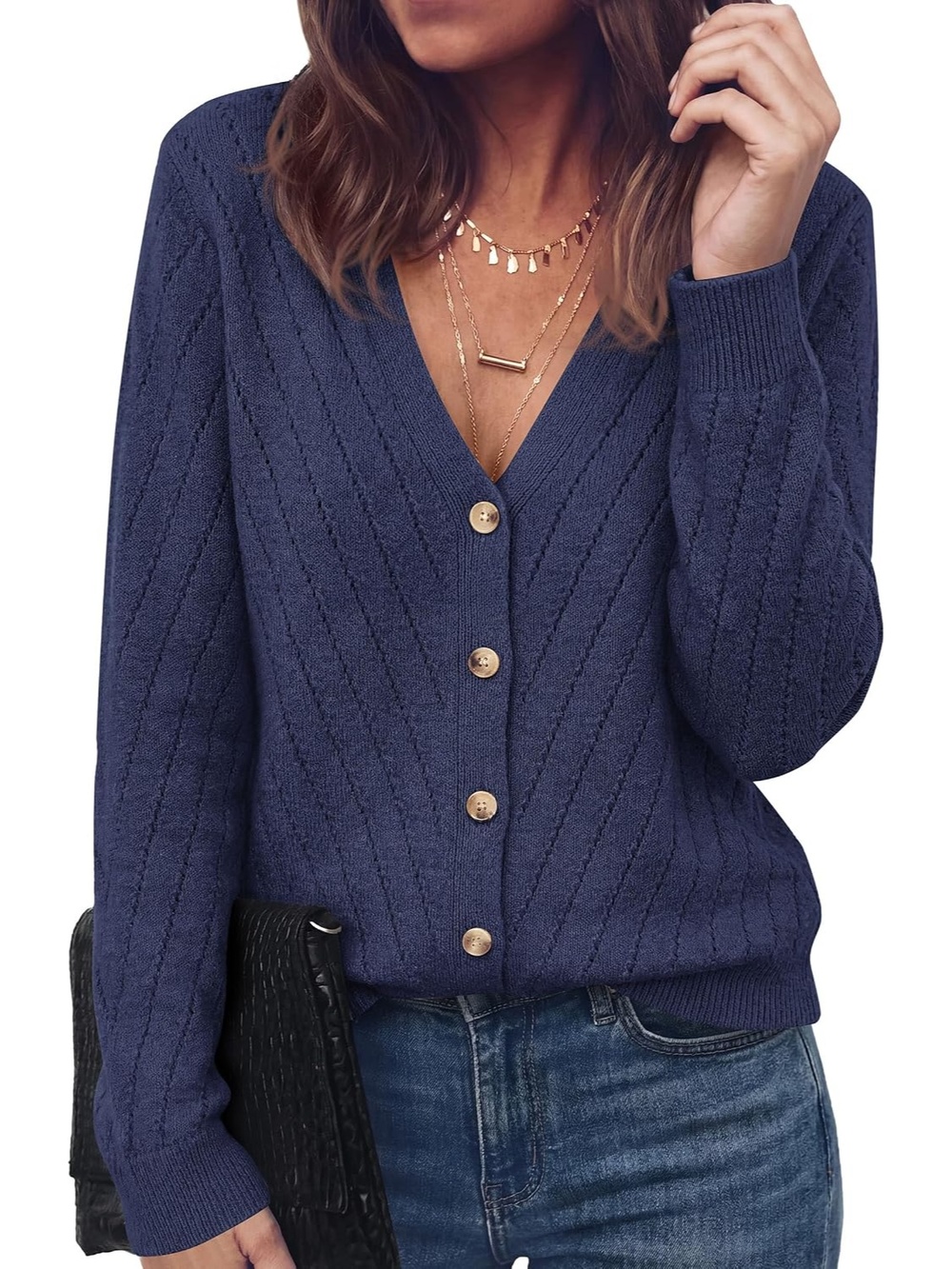 🆕 Women's Dark Blue V Neck Long Sleeve Button Front Cozy Knit Cardigan Sweater